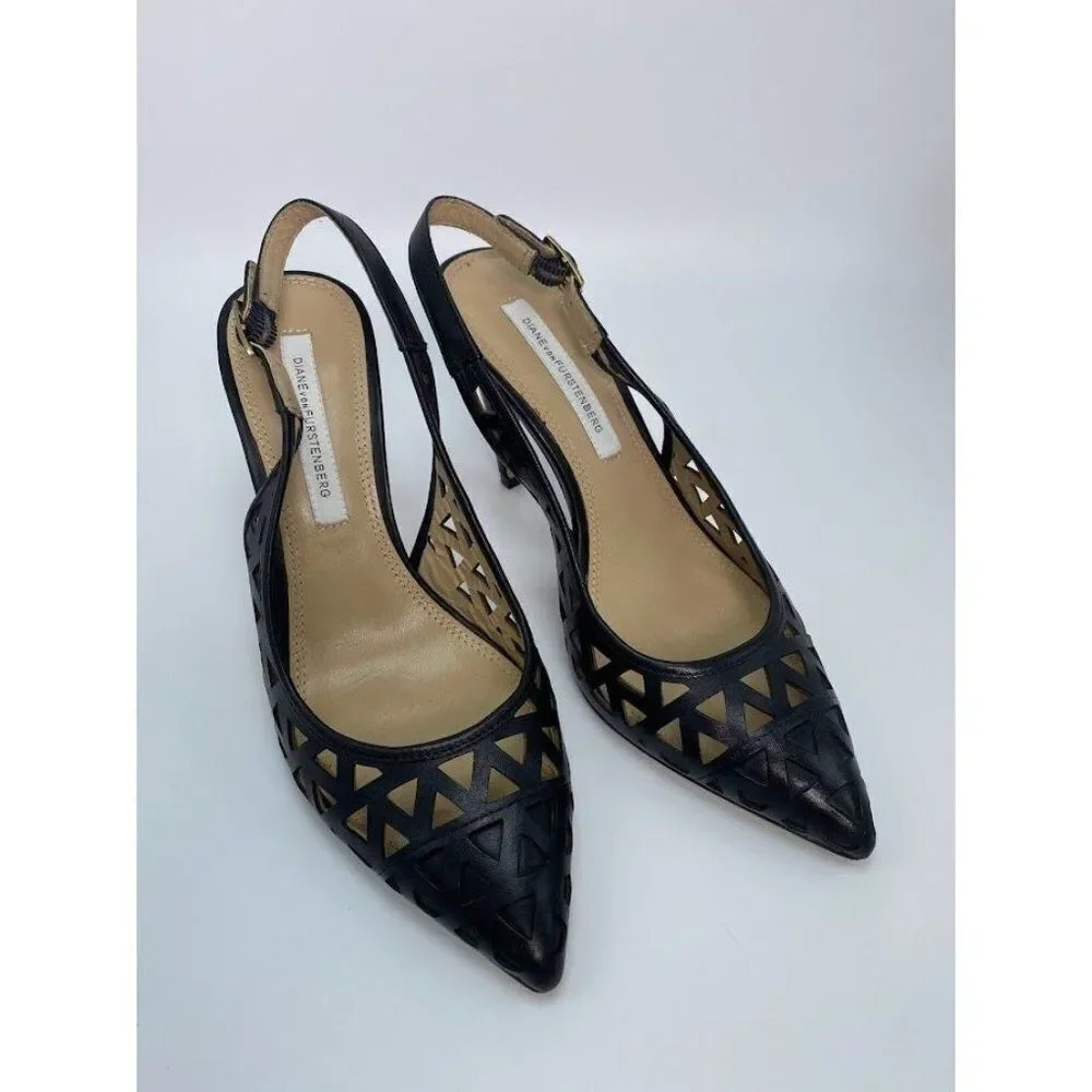 Diane von Furstenberg DVF Addison Black Leather Slingback‎ Heels Shoes Sz 7